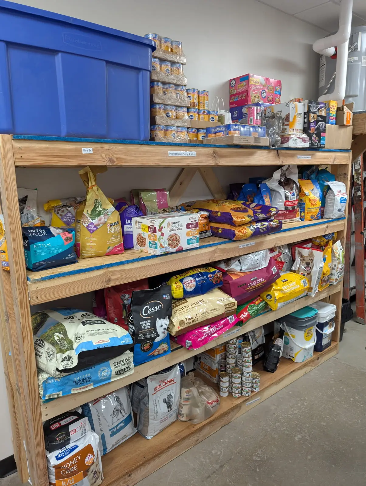Shelves of pet food and supplies, donated by community members