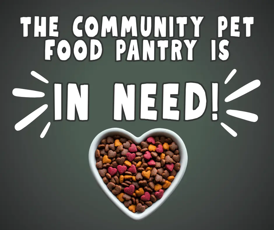 Text: 'Community Pet Food Pantry Is In Need' on a green background. Picture of a heart shaped pet bowl with heart shaped kibble.