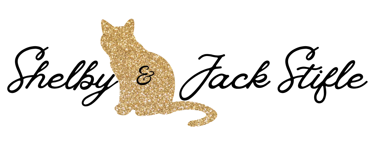 The text 'Shelby and Jack Stilfe' with a cat silhouette in gold glitter.
